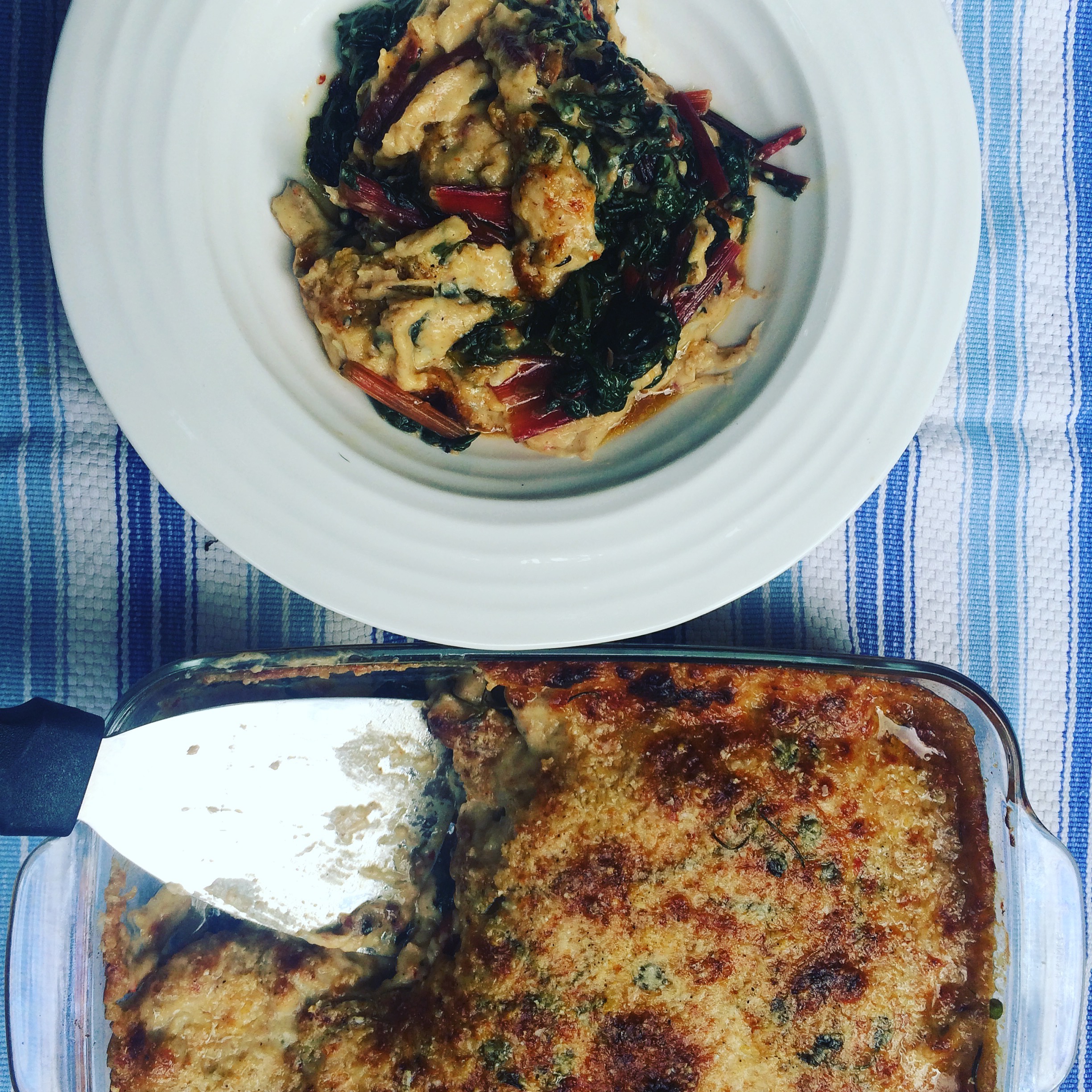 Chard with Parmesan gratin top, spelt bechamel, anchovies, marjoram and garlic